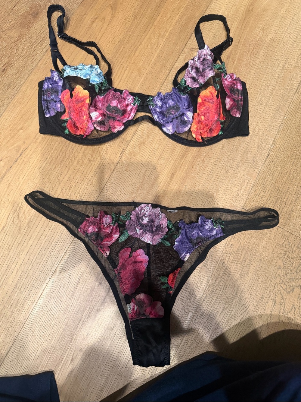 Fleur du Mal Floral Embroidered Sheer Bra & Thong Set